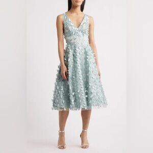 Appliqué butterfly and flowers sage green dress